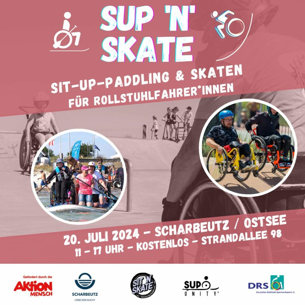 Veranstaltungsankündigung für SUP N SKATE am 20 . Juli 2024 in Scharbeutz an der Ostsee von 11 bis 17 Uhr Strandallee 98 . kostenlos. 