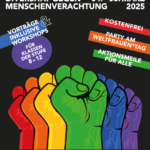 Das Bild ist ein Plakat für die Aktionswoche: Diversität gegen Menschenverachtung, die vom 4. bis 8. März 2025 im I-Punkt Skateland Hamburg stattfindet. Der Hintergrund ist schwarz, und im unteren Bereich sind fünf bunte, erhobene Fäuste in den Farben Rot, Orange, Gelb, Grün und Blau zu sehen – ein Symbol für Solidarität und Vielfalt. Der Titel “AKTIONSWOCHE” ist in großen, weißen Buchstaben oben auf dem Plakat zu lesen. Darunter steht in kleineren Buchstaben “Diversität gegen Menschenverachtung”, gefolgt vom Datum der Veranstaltung. Auf dem Plakat befinden sich mehrere bunte Textfelder: • Ein lilafarbenes rundes Feld auf der linken Seite informiert: “Vorträge & inklusive Workshops für Klassen der Stufe 8–12”. • Ein rotes Feld oben rechts betont: “Kostenfrei”. • Ein oranges Feld kündigt die “Party am Weltfrauen*tag” an. • Ein grünes Feld hebt hervor: “Aktionsmeile für alle”. Unten sind die Logos der Veranstalter zu sehen: • Laut gegen Nazis e.V. • I-Punkt Skateland • Dörmeyer Stiftung Die Adresse der Veranstaltung steht ganz unten: I-Punkt Skateland e.V., Spaldingstraße 131, 20097 Hamburg.